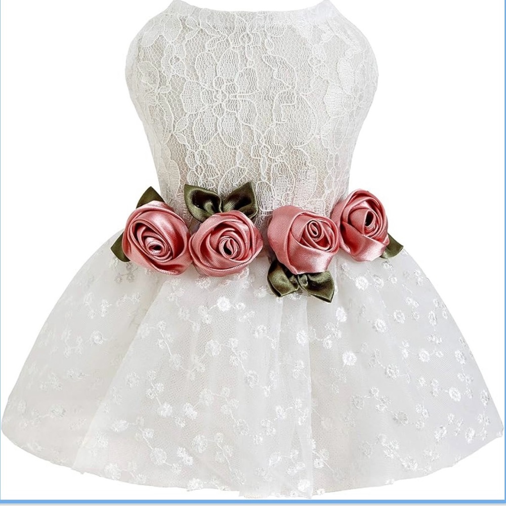 White Lace Dress with Pink Floral Accents